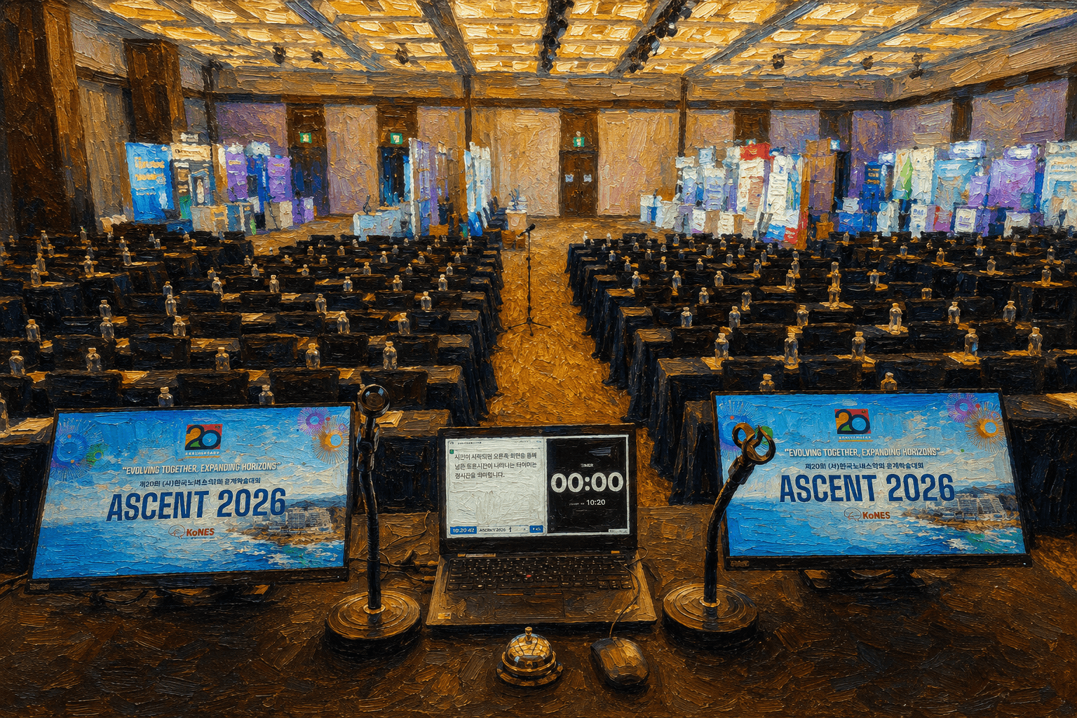 The ASCENT 2026 lecture hall staged like an expo, with booths and banner walls lining both sides of the seating